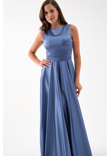 Kadın Indigo Kalın Askılı Saten Uzun Abiye Elbise modelleri