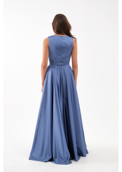 Kadın Indigo Kalın Askılı Saten Uzun Abiye Elbise indirimleri