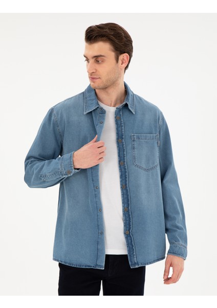 Erkek Mavi Comfort Fit Uzun Kollu Jean Gömlek 50292072-VR036