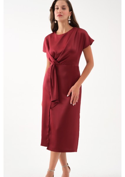 Kadın Bordo Yırtmaçlı Midi Saten Elbise modelleri