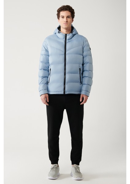 Erkek Açık Mavi Su İtici Rüzgar Geçirmez Kapitone Kapüşonlu Şişme Mont E006011