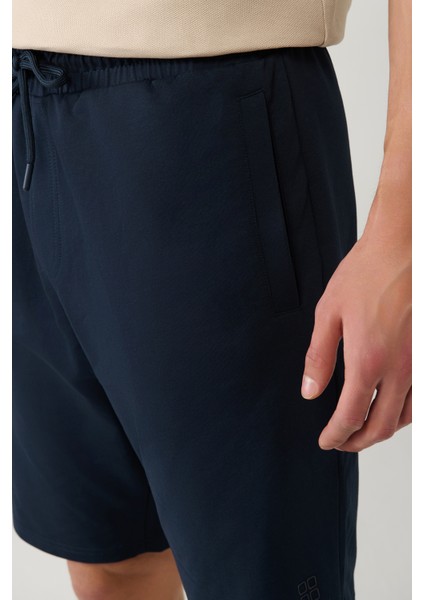 Erkek Lacivert Yandan Cepli Örme Pamuklu 2 İplik Günlük Relaxed Fit Şort E003602