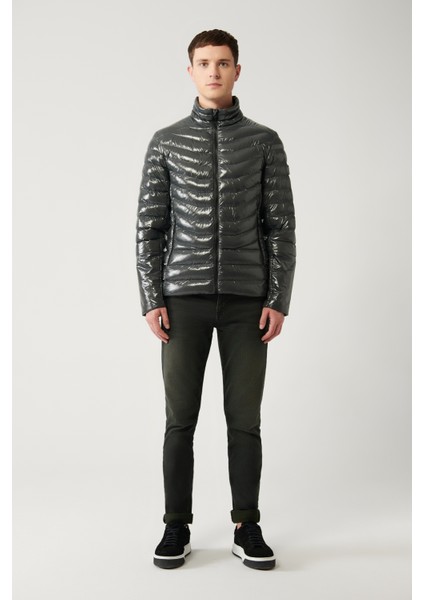 Erkek Antrasit Kaz Tüyü Su İtici Rüzgar Geçirmez Kumaş Dik Yaka Şişme Comfort Fit Mont B006015