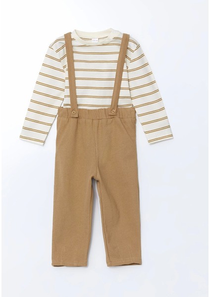 Lcw Baby Kahverengi Bisiklet Yaka Çizgili Erkek Bebek Tişört ve Askılı Pantolon 2'li
