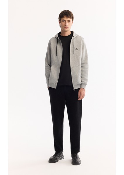 Erkek Gri Kapüşonlu 3 İplik Şardonlu Fermuarlı Regular Fit Sweatshirt E001019