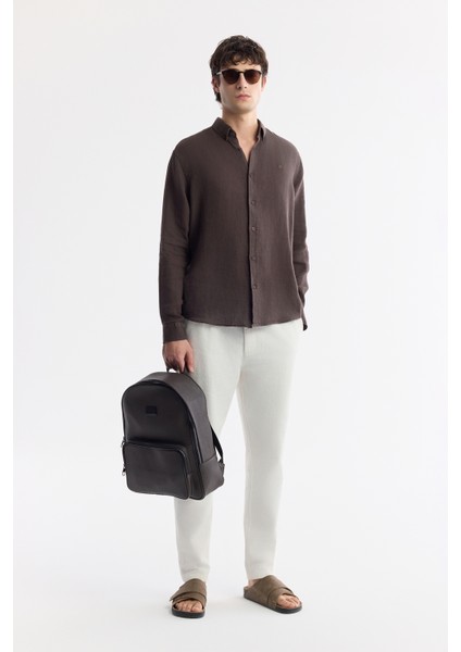 Erkek Kırık Beyaz Beli Bağcıklı Keten Karışımlı Relaxed Fit Chino Pantolon B003036