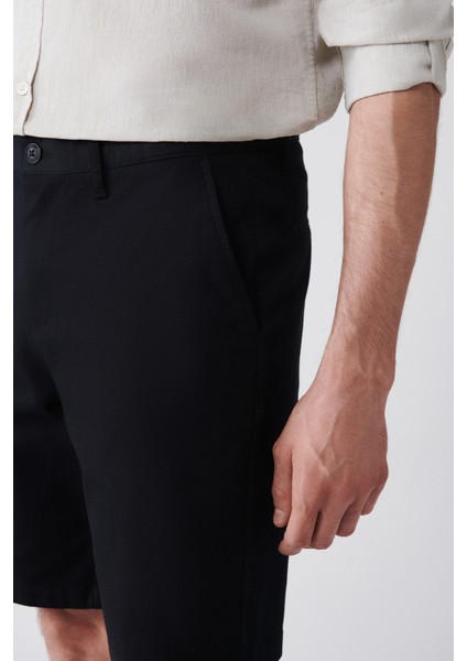 Erkek Siyah Esnek Relaxed Fit Chino Kanvas Şort B003730