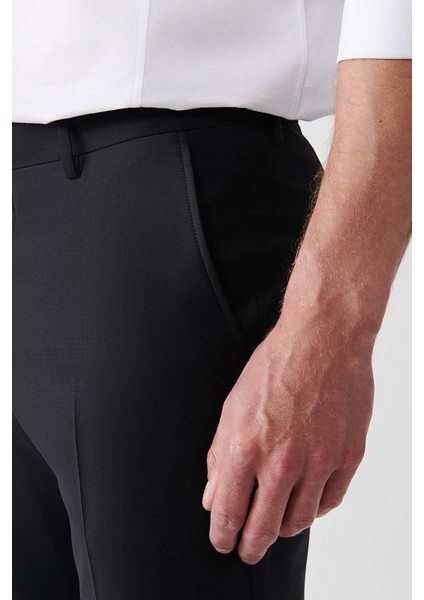 Erkek Siyah Kırlangıç Yaka Çift Yırtmaçlı Astarlı Yün Karışımlı Comfort Slim Fit Takım Elbise B007701