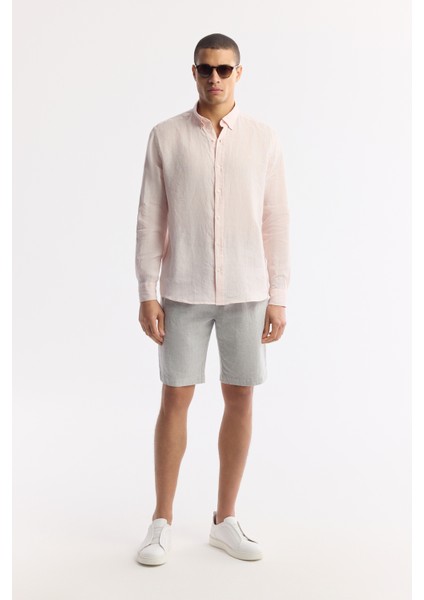 Erkek Pembe Düğmeli Yaka %100 Keten Comfort Fit Gömlek B002191 indirimleri