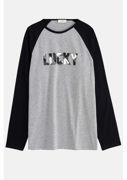 Erkek Gri Bisiklet Yaka Pamuklu Reglan Özel Kutulu Pijama Takımı E003305