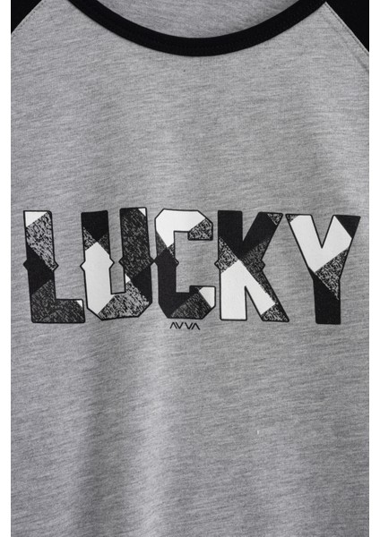 Erkek Gri Bisiklet Yaka Pamuklu Reglan Özel Kutulu Pijama Takımı E003305