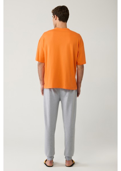 Erkek Gri Bisiklet Yaka Kısa Kollu Önü Baskılı Pijama Takımı E003310