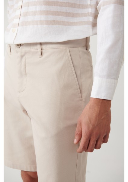 Erkek Bej Esnek Relaxed Fit Chino Kanvas Şort B003730