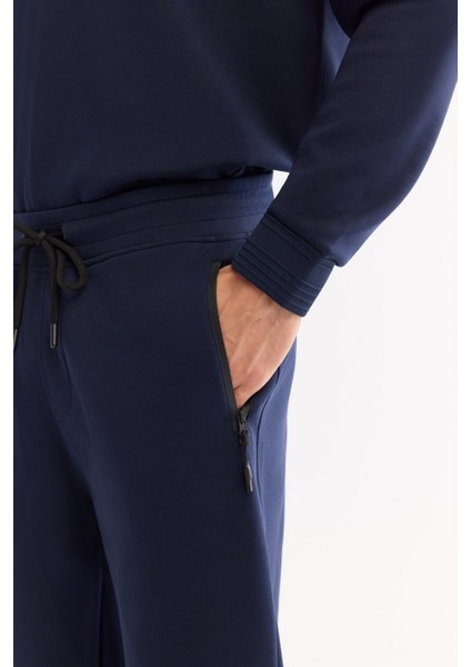 Erkek Lacivert Beli Lastikli Bağcıklı Bi-Stretch İnterlok Regular Fit Eşofman Altı B003400