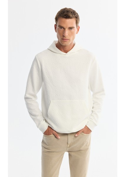 Erkek Ekru Kapüşonlu Baskılı Elastan Regular Fit Sweatshirt A42Y1332