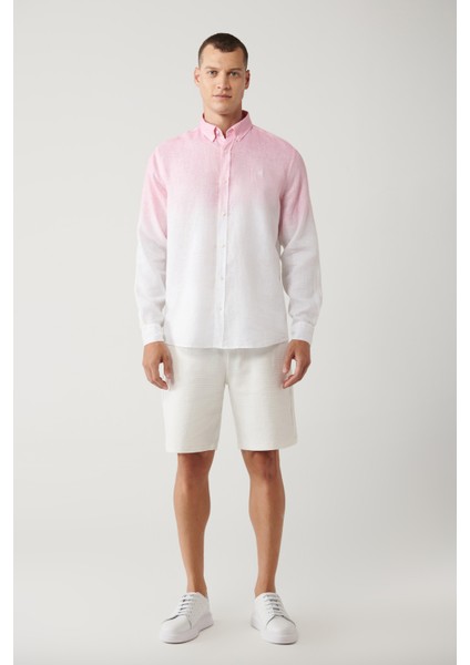 Erkek Pembe Düğmeli Yaka %100 Keten Comfort Fit Gömlek A41Y2195