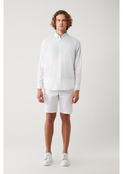 Erkek Açık Mavi Düğmeli Yaka %100 Keten Comfort Fit Gömlek A41Y2195