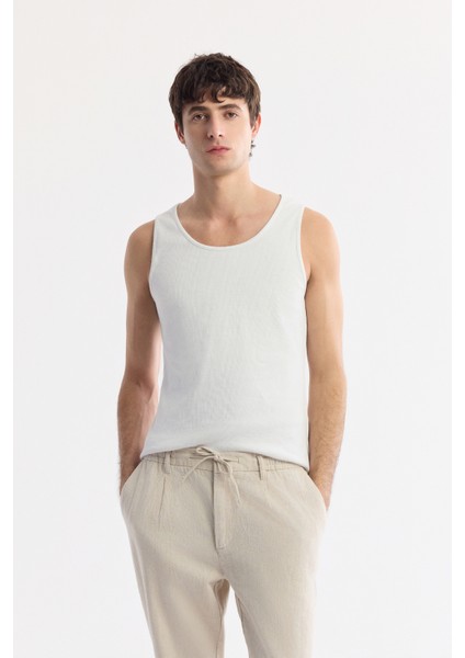 Erkek Bej Beli Bağcıklı Keten Karışımlı Relaxed Fit Chino Pantolon B003036
