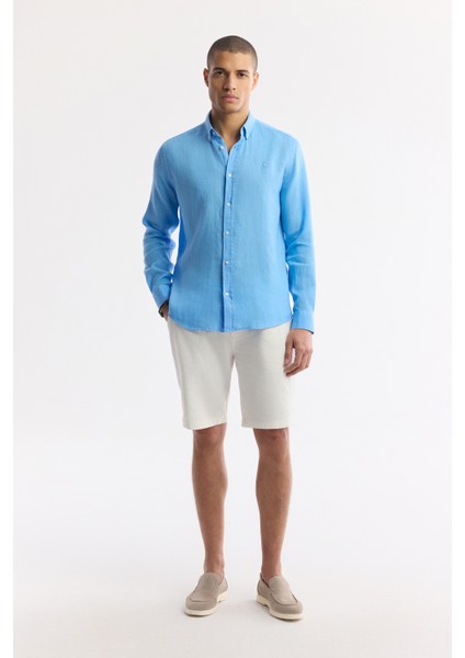 Erkek Mavi Düğmeli Yaka %100 Keten Comfort Fit Gömlek B002191