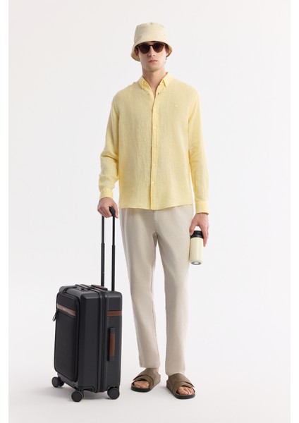 Erkek Sarı Düğmeli Yaka %100 Keten Comfort Fit Gömlek B002191