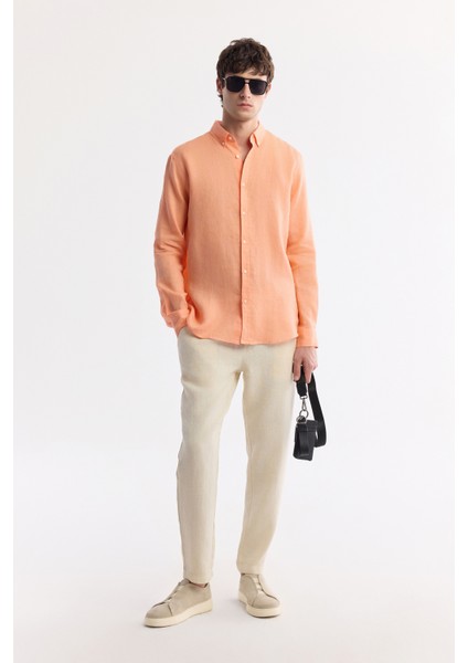 Erkek Turuncu Düğmeli Yaka %100 Keten Comfort Fit Gömlek B002191