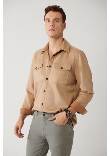 Erkek Açık Bej Süet Dokulu Önü Çıtçıtlı Mevsimlik Comfort Fit Mont A41Y6010