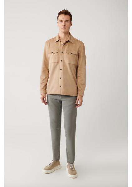 Erkek Açık Bej Süet Dokulu Önü Çıtçıtlı Mevsimlik Comfort Fit Mont A41Y6010