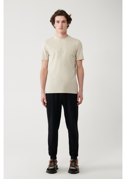 Erkek Bej Bisiklet Yaka Baskılı Soft Touch Regular Fit T-Shirt A41Y1037