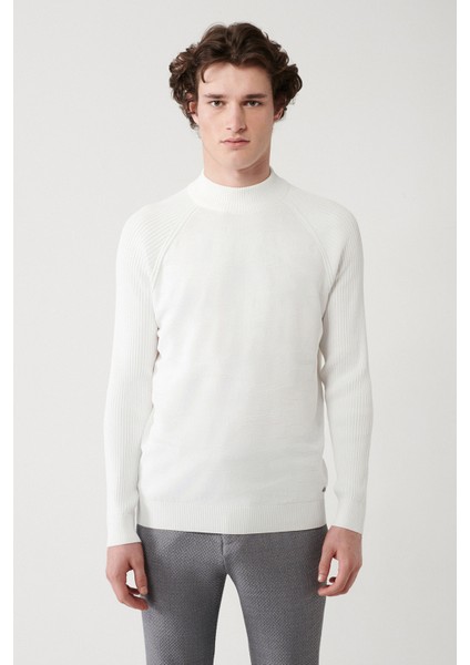 Erkek Ekru Bisiklet Yaka Kamuflaj Desenli Rayon Triko Kazak A32y5046