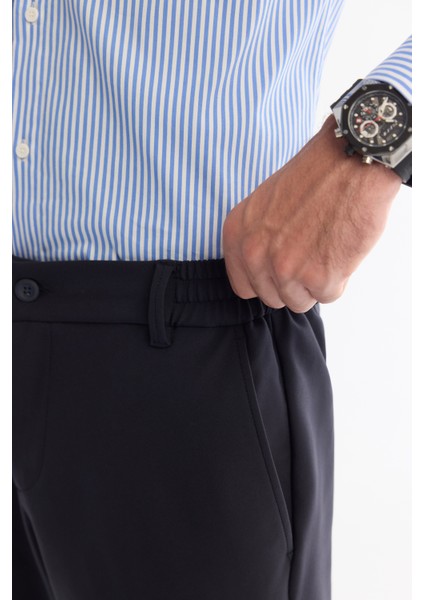 Erkek Lacivert Kırışmaz Hızlı Kuruyan Beli Lastikli Ekstra Esnek Slim Fit Teknik Kumaş Pantolon A42Y3065