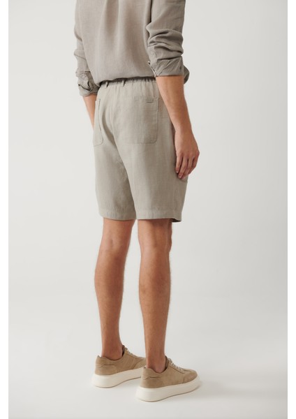Erkek Gri Beli Lastikli %100 Keten Assos Relaxed Fit Şort A41Y3710