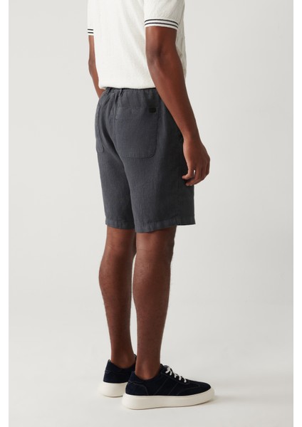 Erkek Antrasit Beli Lastikli %100 Keten Assos Relaxed Fit Şort A41Y3710