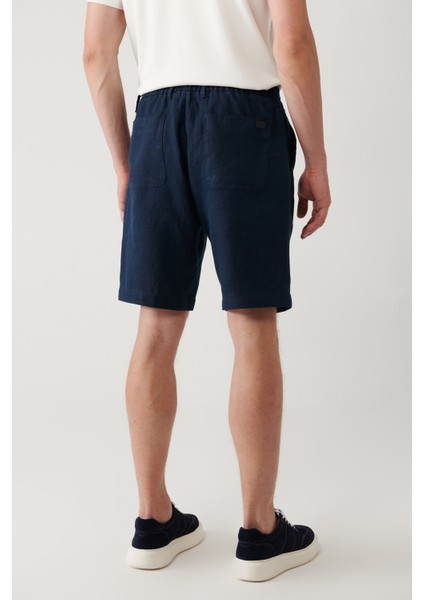 Erkek Lacivert Beli Lastikli %100 Keten Assos Relaxed Fit Şort A41Y3710