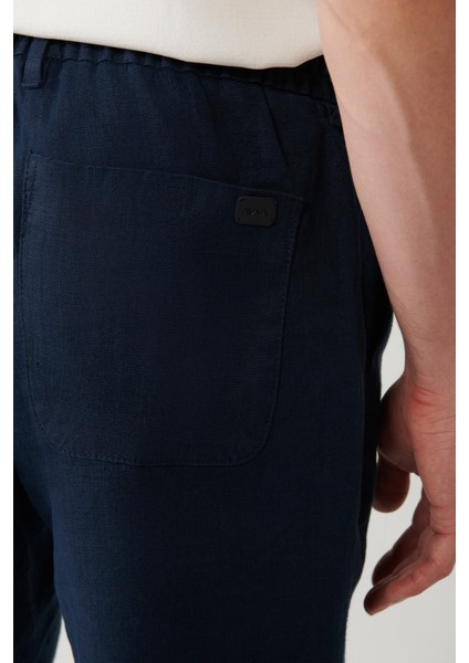 Erkek Lacivert Beli Lastikli %100 Keten Assos Relaxed Fit Şort A41Y3710