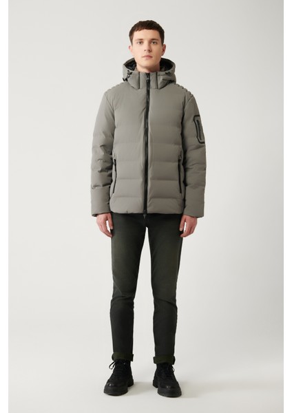 Erkek Gri Şişme Mont Kaz Tüyü Su Itici Rüzgar Geçirmez Termometreli Çıkarılabilir Kapüşonlu Comfort