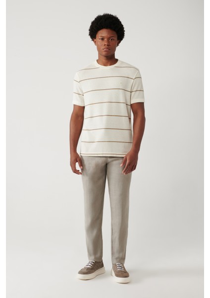 Erkek Açık Bej Bisiklet Yaka Çizgili Regular Fit T-shirt A41y1016