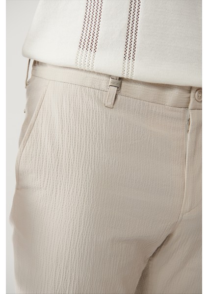 Erkek Bej Yandan Cepli Esnek Kumaşlı Gofreli Pamuklu Lightweight Relaxed Fit Pantolon A41Y3202