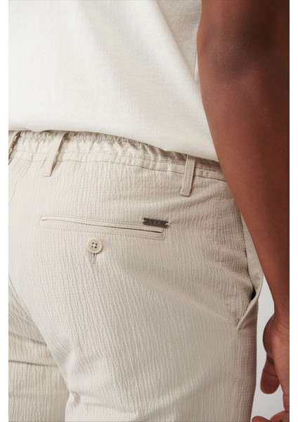Erkek Bej Yandan Cepli Esnek Kumaşlı Gofreli Pamuklu Lightweight Relaxed Fit Pantolon A41Y3202