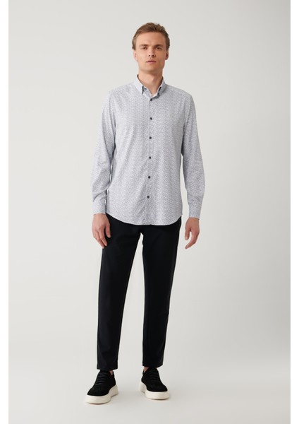 Erkek Siyah-Gri Alttan Britli Yaka Desenli Travel Slim Fit Gömlek A41Y2010