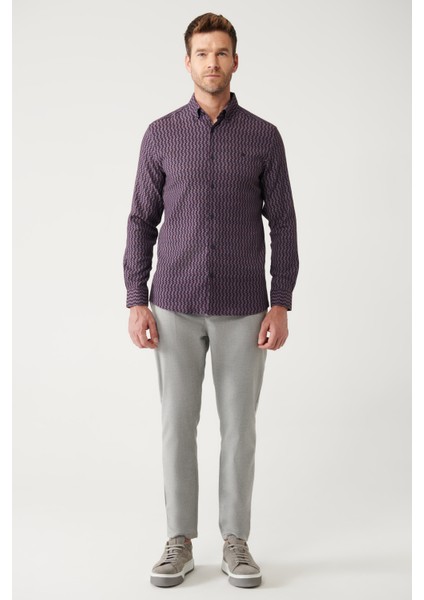 Erkek Bordo Düğmeli Yaka Desenli Esnek Pamuklu Slim Fit Gömlek A32Y2145