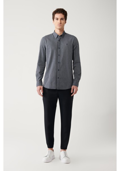 Erkek Lacivert %100 Pamuk Çizgili Gömlek A32y2010