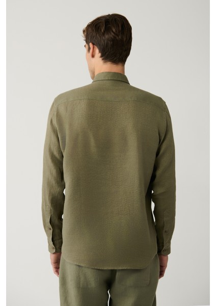 Erkek Haki Düğmeli Yaka %100 Keten Nakışlı Comfort Fit Gömlek A41Y2232 fırsatları