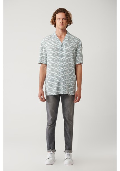 Erkek Haki %100 Viskon Apaj Yaka Baskılı Viskon Kısa Kollu Regular Fit Gömlek A41Y2148