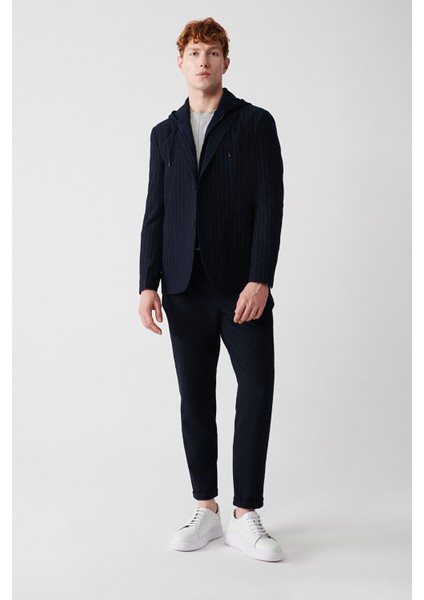 Erkek Lacivert Mono Yaka Çıkma Kapüşonlu Ceket A32Y4019