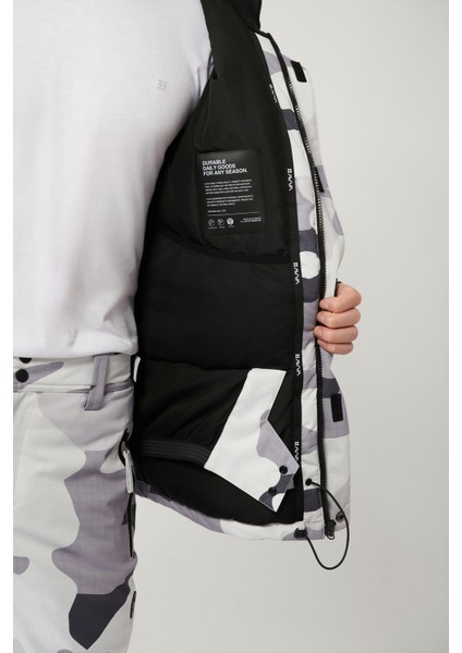 Erkek Beyaz-Gri Kapüşon Desenli Su İtici Kumaşlı Kayak Mont A32Y6095