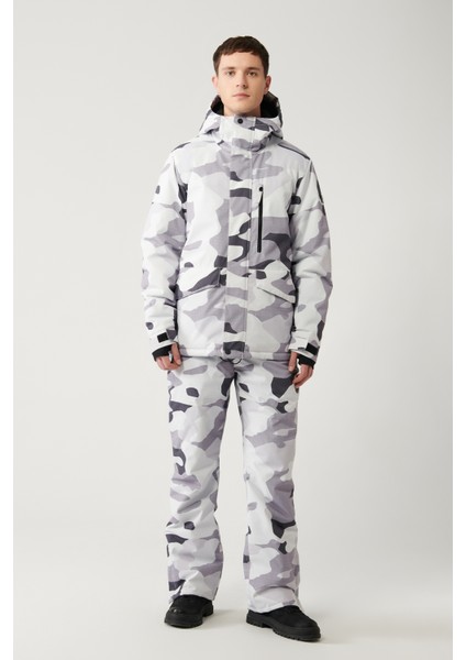 Erkek Beyaz-Gri Kapüşon Desenli Su İtici Kumaşlı Kayak Mont A32Y6095