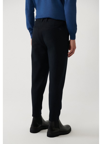 Erkek Lacivert Carrot Fit Diyagonal Desenli Örme Chino Pantolon A32y3061