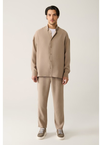 Erkek Bej Soft Touch Alttan Britli Yaka Soft Touch Oversize Fit Gömlek A41Y2168