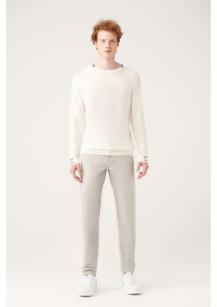 Erkek Beyaz Bisiklet Yaka Kolu Örgü Detaylı Kazak A31Y5108