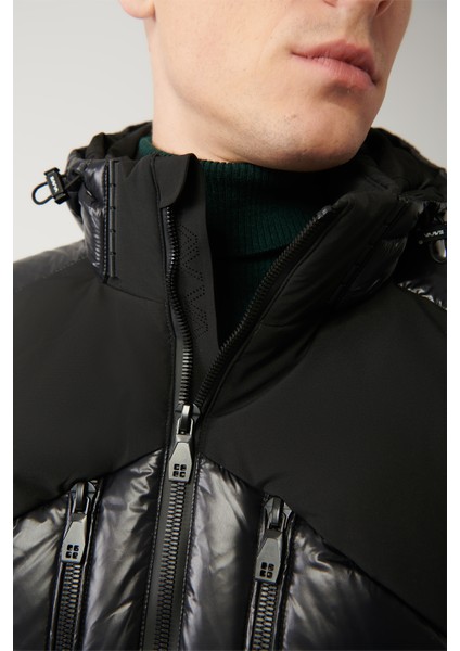 Erkek Siyah Su İtici Kumaşlı Çıkma Kapüşonlu Şişme Mont A32Y6014